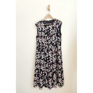 Lafayette 148 Floral Midi Dress Women 12 Fit & Flare Black Cherry Blossom Print